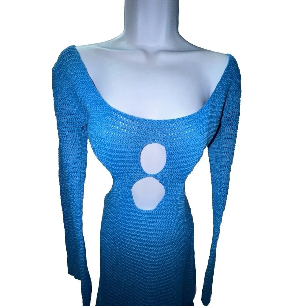 Sexy Blue Knit Dress Size Medium‎ Beach Club Party Date Crochet Cut Out Boho Hot